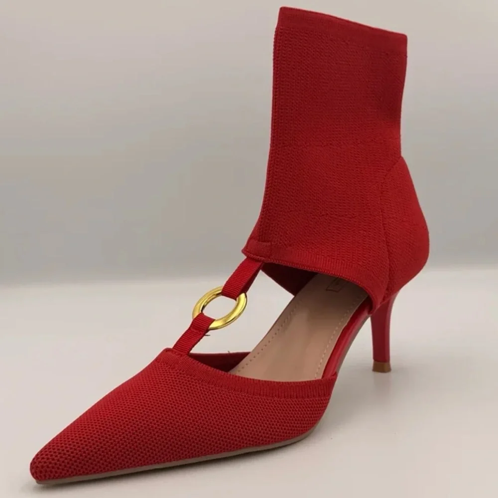 Chic Red Knit Ankle Slip on Heels